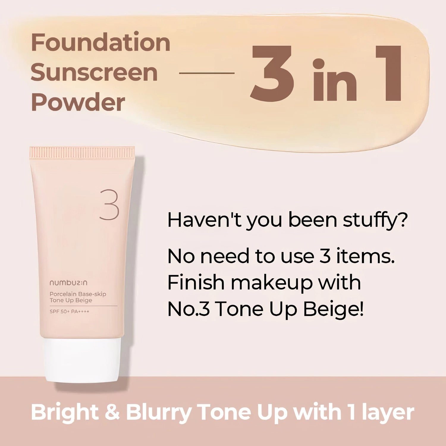 Numbuzin No.3 Porcelain Base-skip Tone Up Beige SPF50+ PA++++ 50ml-Wonder Skin