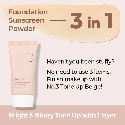 Numbuzin No.3 Porcelain Base-skip Tone Up Beige SPF50+ PA++++ 50ml-Wonder Skin